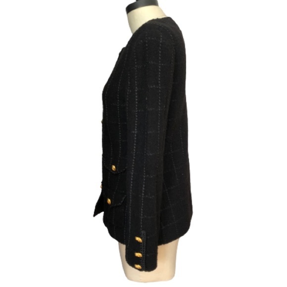 Vtg Military Academia Window Pane Textured Knit Black Gold Knit Blazer - Picture 10 of 16